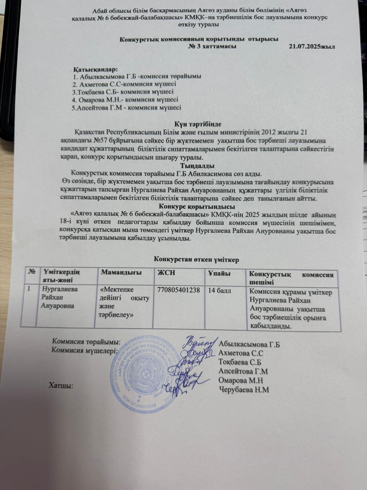 Конкурстық комиссия қортындысы